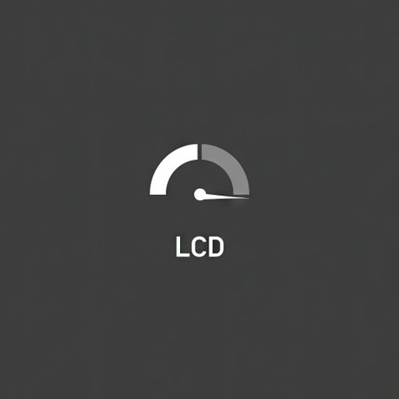 An LCD meter icon is presented against a plain gray backdrop. The composition features a centered gauge displaying information. The minimalist design uses simple white lines and a dark gray tone creating a clean aesthetic that may be suitable for technology-related projects. This image can potentially be used in digital design.の素材