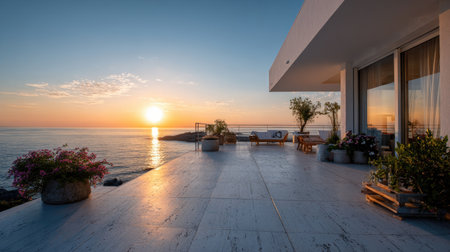 A modern villa boasts expansive views of the ocean with the sunrise in the background. The architectural design features clean lines and an open layout. Soft lighting and color gradients create a tranquil atmosphere. Suitable for use in real estate, travel, and lifestyle publications.の素材