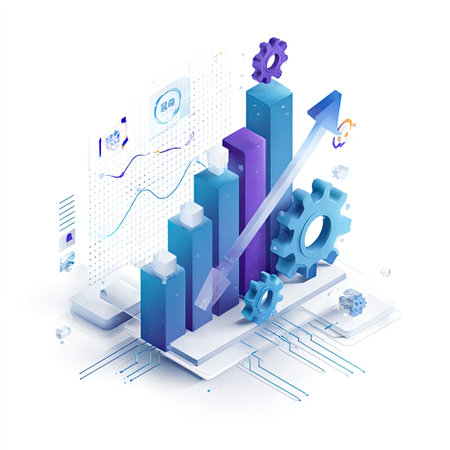 This 3D rendering depicts business growth through statistical charts and gears. The visual employs shades of blue and purple in a bright, clean style. An upward arrow suggests progress, all elements set against a white background. Suitable for use in presentations and marketing materials.の素材