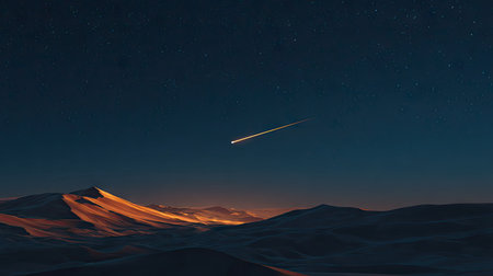 A celestial body streaks across a dark night sky above a rugged mountain range. The landscape reveals a gradient of colors, ranging from deep blue to warm orange hues, possibly reflecting the setting sun. This digital artwork's composition and lighting may suit various commercial purposes.の素材