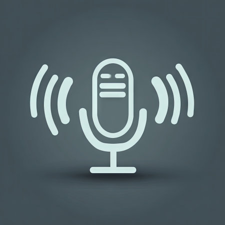 A light blue microphone icon is depicted against a dark background. The simple design features radiating sound waves, suggesting audio transmission. The composition utilizes a clean, minimalist style, suitable for digital media and presentations. The image is appropriate for a variety of uses, including content creation and information technology.の素材