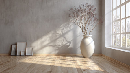 An interior scene presents a white vase holding branches beside a window with sunlight streaming across a wooden floor. The room displays a muted color palette with neutral walls and a clean design aesthetic. The image showcases a tranquil ambiance suitable for various design and lifestyle related applications.の素材