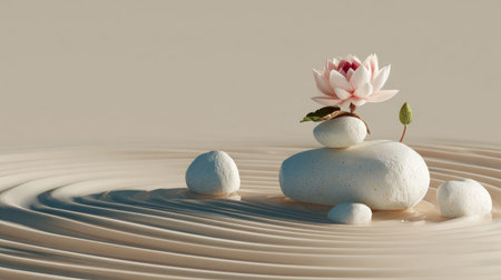 A delicate lotus flower sits atop white stones, artfully arranged on a sandy surface. The image showcases a serene zen garden setting, with subtle textures and patterns. The composition features soft lighting and neutral tones, suitable for various projects requiring tranquility and mindfulness. This image is ideal for designs related to wellness and balance.の素材