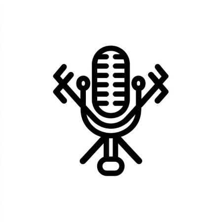 An outlined microphone icon with abstract stylized elements is presented against a white background. The graphic utilizes a monochrome color scheme and a vector style for a modern appearance. This design is suitable for various applications, including podcasting, audio production, and other creative projects.の素材