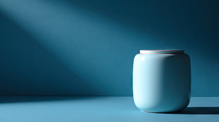 A single, cylindrical jar is presented against a deep blue backdrop. The smooth, light blue surface of the jar contrasts with the darker background. Dramatic overhead lighting casts shadows, emphasizing the form. This image is suitable for showcasing products and conceptual design in advertising and marketing.の素材