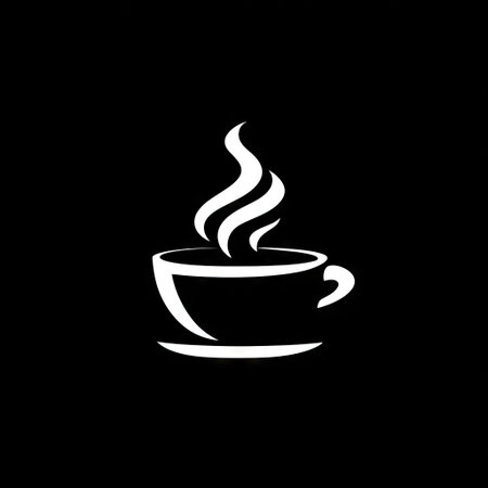 A simple, clean illustration depicts a coffee cup with rising steam against a solid black backdrop. The monochrome color scheme emphasizes the form and suggests a sense of warmth. The image could be used for promotional materials or graphic design applications.の素材