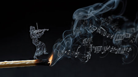 A matchstick ignites, with smoke forming a violinist playing. The composition presents musical notes and instruments within the smoke's tendrils against a dark backdrop. The artistic illustration evokes a sense of creativity and performance, suitable for advertising or editorial projects.の素材
