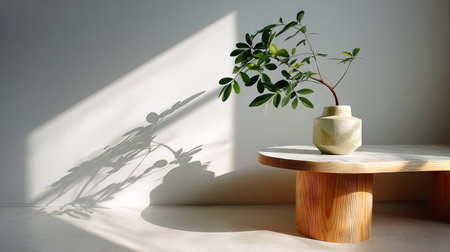 A small green plant in a beige vase sits atop a wooden table. The scene is illuminated by sunlight, casting long shadows on a white wall. The composition features clean lines and a minimalist aesthetic, suitable for design and lifestyle applications. Its simplicity suggests potential use in various commercial or editorial projects.の素材