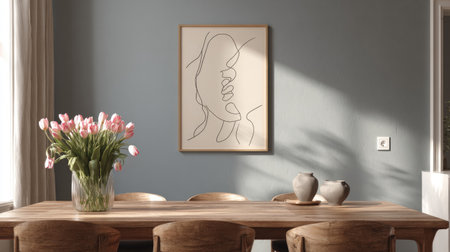 A dining room features a wooden table adorned with a vase of tulips. Light streams in, illuminating the scene and highlighting a framed artwork on a blue wall. Decorative vases and chairs complete the arrangement, suggesting a comfortable interior setting suitable for editorial or commercial applications.の素材