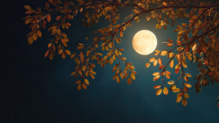 An illuminated full moon shines through a silhouetted tree branch laden with autumnal leaves. The composition features warm hues of gold and brown against a deep blue background. This serene scene suggests a natural environment and is suitable for various visual projects.の素材