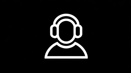 A simple white icon depicts a person wearing headphones, set against a stark black background. The graphic employs a clean, minimalist style with smooth lines. This imagery is suitable for representing audio, music, or listening concepts. It may be used for a variety of media, design, and possibly commercial applications.の素材