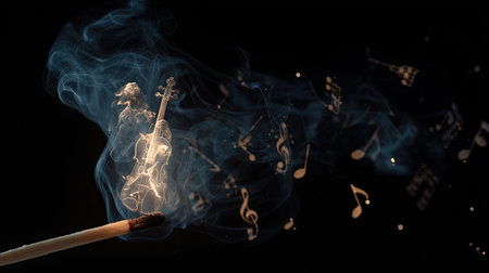 A lit match generates smoke that forms the shape of a violin with musical notes emanating. This artistic image presents a dark background with high contrast lighting that accentuates the ethereal quality. It could be used for editorial content, advertising campaigns, or visual elements in creative projects.の素材