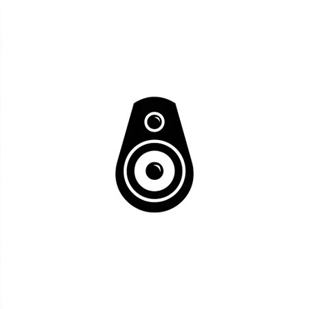 A stylized black and white illustration depicts a speaker on a white background. The minimalist design features a circular speaker element and a simple, clean aesthetic, emphasizing its form. Suitable for representing sound and music in various commercial applications, its neutral style adapts well to diverse creative projects.の素材