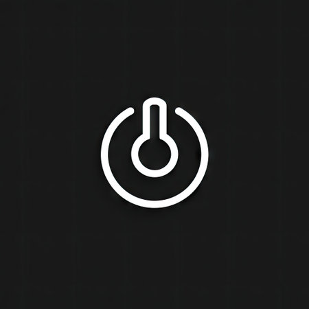 A simple white power button icon is presented on a stark black backdrop. The graphic features clean lines and a minimalist style. Its visual characteristics are defined by high contrast, creating a modern feel. The design suggests a digital environment. It can be used for various editorial and commercial purposes.の素材