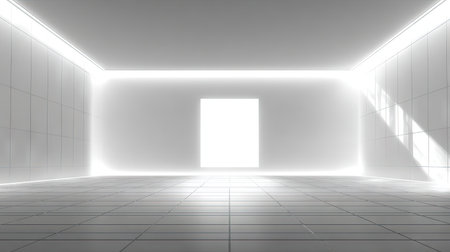 This image features a spacious, modern interior rendered in pristine white. The scene is illuminated by bright, diffused lighting, creating a sense of openness. A doorway at the end of the room provides a focal point and a potential source of natural light. This architectural design could be used for a variety of commercial and artistic applications.の素材