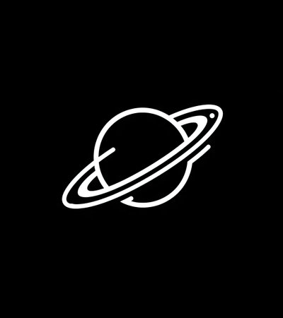 A white planet icon with rings is depicted against a stark black background. The graphic presents a clean, minimalist style with crisp lines, highlighting a simple and modern aesthetic. The image is suitable for various design projects, illustrations, and conceptual representations, potentially in digital media or print.の素材