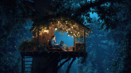 A person is using a laptop in a cozy treehouse at night. The scene is illuminated by soft, warm lights. The composition uses the darkness of the night for contrast, and the overall style is dreamy and inviting. Suitable for creative projects, advertising, or editorial use.の素材