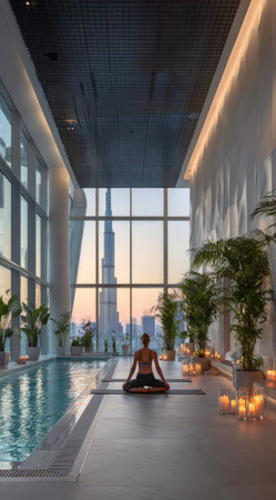 A person sits in a meditative pose by a swimming pool, gazing out at a cityscape. The scene features a modern architectural interior with abundant natural light and potted plants. The image's visual appeal lies in the balance of light, shadow, and the inclusion of a tall structure. Suitable for wellness and travel related content.の素材