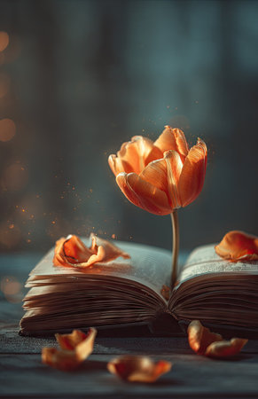 An orange tulip emerges from an open book, its petals mirroring scattered remnants across a textured wooden surface. The composition highlights the soft hues and delicate forms, illuminated by diffused lighting. This image captures a sense of tranquility, suitable for editorial and commercial applications relating to nature and knowledge.の素材