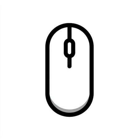 This graphic presents a simplified depiction of a computer mouse. The design features bold black outlines and a clean white background. The composition has a flat style. It can be used in multiple commercial or editorial applications.の素材