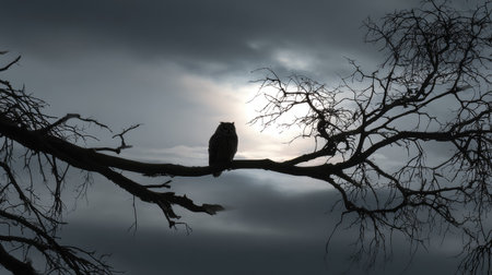 An owl silhouette sits on a barren tree branch, framed by a dark, overcast sky. The image features a monochromatic palette with stark contrasts, emphasizing form and shadow. The composition highlights the natural environment, potentially suitable for use in various visual projects, from editorial illustrations to commercial design.の素材