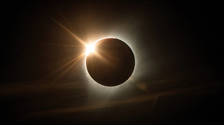 The image captures a solar eclipse, showcasing the moon obscuring the sun. The composition features a dark, circular silhouette against a bright corona with radiating light. It presents a dramatic effect with a strong contrast. This visual could be used for educational materials, scientific publications, or conceptual illustrations.の素材