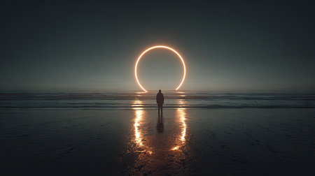 A solitary figure stands before a luminous circular structure suspended above a reflective surface. The scene exhibits a cool color palette with the silhouette in front of a glowing orange ring. The composition suggests a conceptual or surreal scene, possibly for use in artistic, illustrative, or design projects.の素材