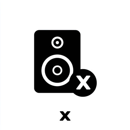 This image features a black speaker icon with an X symbol, set against a plain white backdrop. The graphic uses simple shapes and bold lines to convey a clear visual message. The lighting is even, the style is flat, and the composition is centered. This could be used in designs related to sound, music, or technology.の素材
