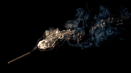 An artistic image features a guitar shape created with smoke, accented by musical notes. The visual displays a dark background, with the guitar design prominently displayed. The image style highlights creative conceptual elements suitable for promotional material and creative projects.の素材