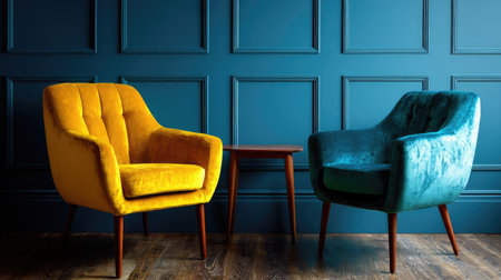 Two armchairs, one yellow and one teal, are placed with a small wooden table. The background features a blue wall with paneling. The scene uses vibrant colors and soft textures, suggesting a modern interior. It could be suitable for home decor, interior design, or lifestyle content.の素材