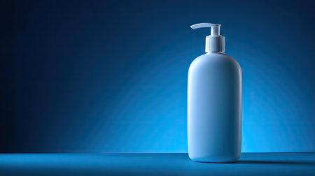 A white bottle with a dispenser pump is centered against a gradient blue backdrop. The image features smooth, even lighting and a simple composition with copy space. Suitable for diverse commercial projects emphasizing personal care, health, or cosmetic products. The design evokes a sense of cleanliness and modernity.の素材