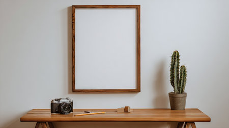 A wooden framed artwork hangs on a white wall. A small wooden table below displays a potted cactus, a camera, and a pencil. This composition features neutral tones, a minimalist aesthetic, and soft lighting, suitable for various commercial and editorial applications.の素材