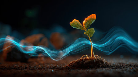 A small sprout with green and orange leaves emerges from dark soil, illuminated against a blurred background. Blue energy lines flow around the plant, suggesting growth or vitality. The composition uses a shallow depth of field, highlighting the central subject and making it suitable for various commercial and editorial purposes.の素材