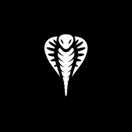 A white cobra illustration stands out against a solid black backdrop. The artwork presents a minimalist style with bold lines and sharp angles. The composition suggests a clean, modern aesthetic. Suitable for graphic design, branding, or visual communication endeavors. The design offers ample copy space.の素材