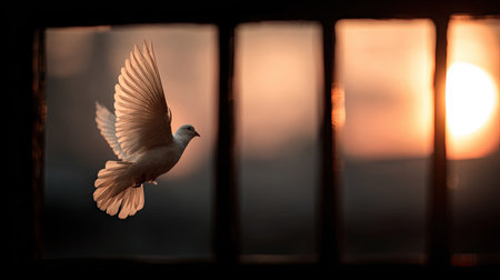 A dove takes flight against a warm, golden sunset, captured near a window. The image showcases the bird's outstretched wings in a moment of motion. The lighting suggests a warm, possibly indoor environment with a bright outdoor backdrop. Suitable for various commercial and editorial uses.の素材