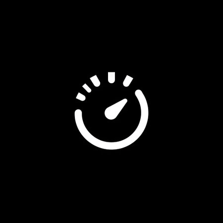 A white speedometer icon is centered on a black background, representing speed and time. The minimalist design features clean lines and a modern aesthetic. Suitable for use in various design projects and commercial applications requiring a simple, yet impactful visual representation.の素材