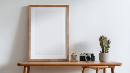 A wooden framed picture sits atop a wooden table, accompanied by a camera and a cactus in a pot. The setting appears to be indoors with a clean, minimalist aesthetic. The lighting is bright, and the composition is simple. This image is suitable for various uses, including design templates and lifestyle illustrations.の素材