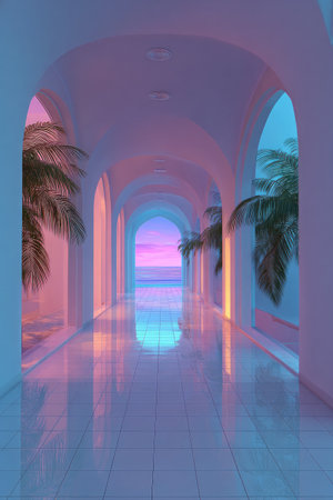 An artistic rendering depicts a hallway with archways, illuminated by neon colors. Palm fronds are visible. The composition features a symmetrical perspective. This image could be used for decorative design, abstract art, or architectural concepts. It is suitable for various creative applications.の素材