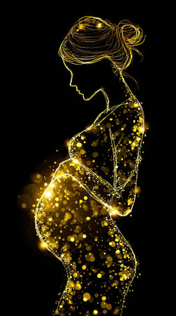 This illustration shows the silhouette of a pregnant woman, depicted with glowing gold particles against a dark background. The artwork uses a digital style with light and shadow effects, emphasizing the woman's form. It would be suitable for various commercial applications, including health, wellness, and beauty contexts.の素材
