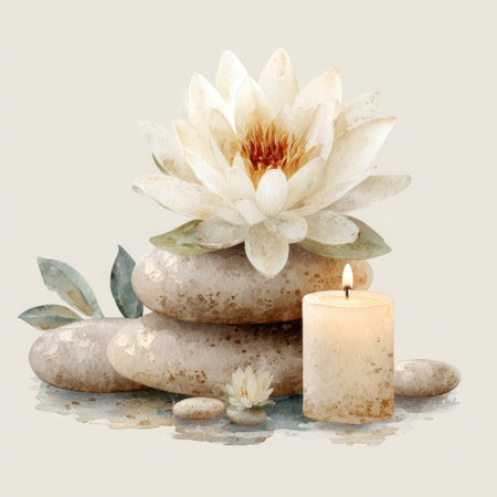 A watercolor-style illustration presents a white lotus blossom atop carefully arranged stones, with a softly glowing candle to the side. The composition, featuring a muted color palette, evokes a sense of tranquility and balance. The image could be suitable for wellness, spa, or relaxation-themed projects, as well as decorative purposes.の素材