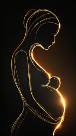 An artistic silhouette presents a pregnant woman. The image is crafted with radiant golden lines against a dark background. The illustration shows details of the woman's form. It could be used in illustrations for health, wellness, and maternity-related media.の素材