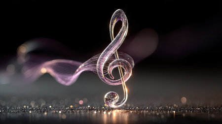 This image showcases a luminous treble clef, rendered with a transparent, shimmering effect. Wisps of light and color create an abstract, dreamy backdrop. The composition features shallow depth of field, enhanced by sparkling elements at the base, suggesting a digital or visual art concept. This image could be used for advertising, design or artistic projects.の素材