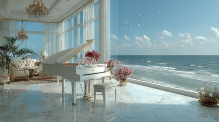 A grand piano is featured in a bright interior setting, framed by large windows overlooking the ocean. The scene is bathed in sunlight, highlighting the piano's pristine white surface and surrounding floral arrangements. This image could be used for lifestyle, design, or artistic projects.の素材