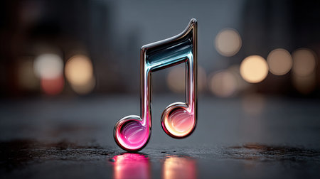A glossy musical note is centered, featuring a gradient of pink and teal tones. The object displays a metallic texture and a three-dimensional quality. The background presents soft bokeh lights, suggesting an urban environment. Suitable for various commercial applications, this image conveys elegance and musical themes.の素材