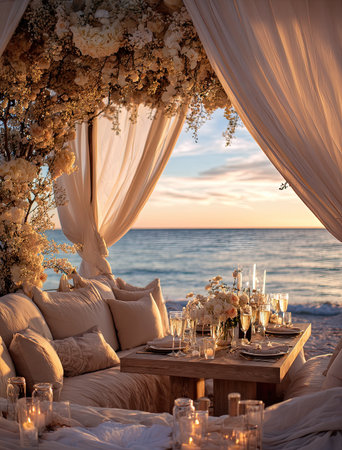 A luxurious dining setup is presented with soft beige tones and draped fabrics. The composition captures an outdoor setting with natural light from a sunset sky, highlighting the ocean view. This arrangement may be suitable for design projects or lifestyle content needing elegant visuals.の素材