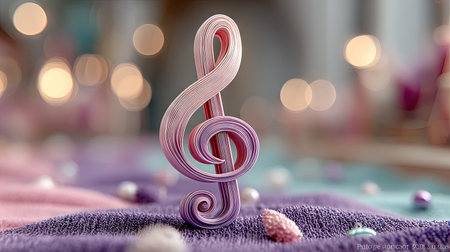 A stylized musical note sculpture stands prominently on a soft, textured surface. The object displays a gradient of pink and purple hues, with smooth curves and a glossy appearance. The backdrop features soft bokeh circles and a blurred color palette. This composition is suitable for various creative and editorial applications.の素材