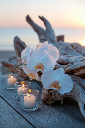 A serene composition features delicate white orchid blooms artfully arranged alongside lit candles. The candles' warm glow complements the flowers and weathered driftwood texture. The scene suggests a tranquil setting, perhaps a spa or relaxation environment. This image is suitable for diverse commercial applications.の素材
