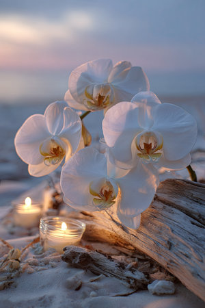 A close-up showcases delicate white orchids and burning candles. Soft lighting illuminates the scene, creating a tranquil and serene atmosphere. The flowers are arranged on a sandy surface, with a blurred background suggesting an outdoor setting. The image is suitable for use in designs related to beauty, wellness, or relaxation.の素材