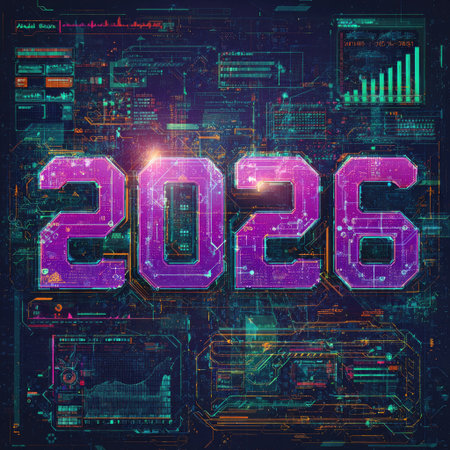 An artistic digital composition prominently features the year 2026, rendered in vibrant purple hues. The image incorporates a tech aesthetic, showcasing interconnected circuits, data displays, and glowing graphical elements. The overall style suggests a futuristic setting, suitable for illustrating technological advancements or forecasting future trends. This could be used for various commercial or editorial projects.の素材