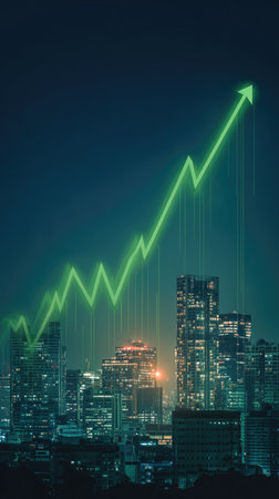 An upward trending green line graph visually represents financial success above a city skyline. The image features a nocturnal cityscape illuminated by building lights. It uses digital techniques, potentially suitable for business reports, investment presentations, or economic analysis graphics, in a commercial context.の素材